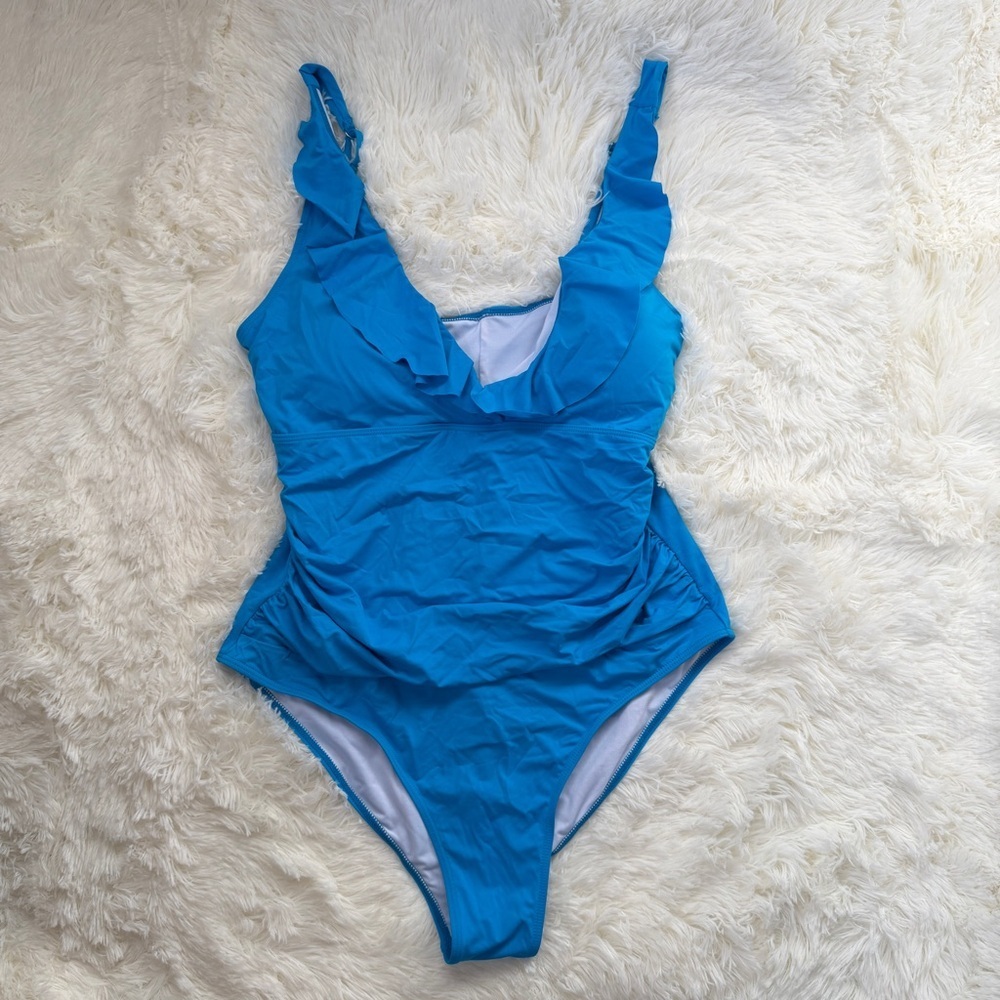 Davi & Dani Womens One Piece Ruffle Plunge Swimsuit Size 1XL Blue Beach Tropical